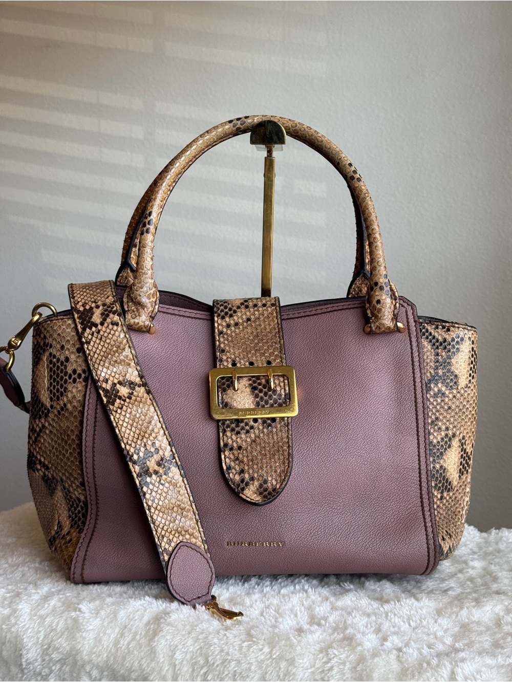 Burberry Mauve Leather Satchel with Snakeskin Accents